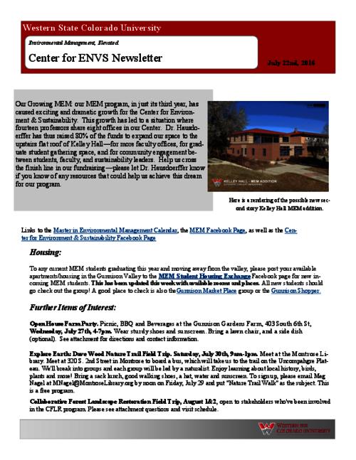 Thumbnail for 'Center for ENVS & MEM Newsletter, July 22, 2016'