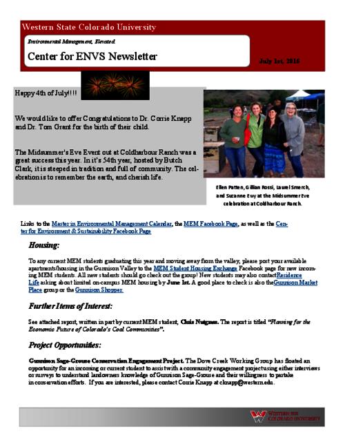 Thumbnail for 'Center for ENVS & MEM Newsletter, July 1, 2016'