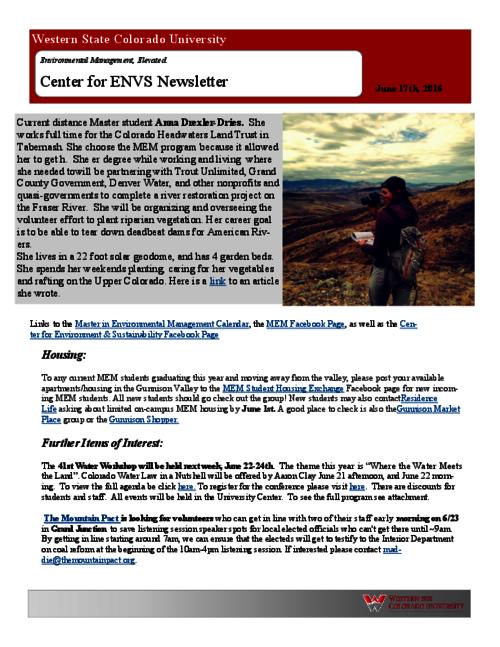 Thumbnail for 'Center for ENVS & MEM Newsletter, June 17, 2016'