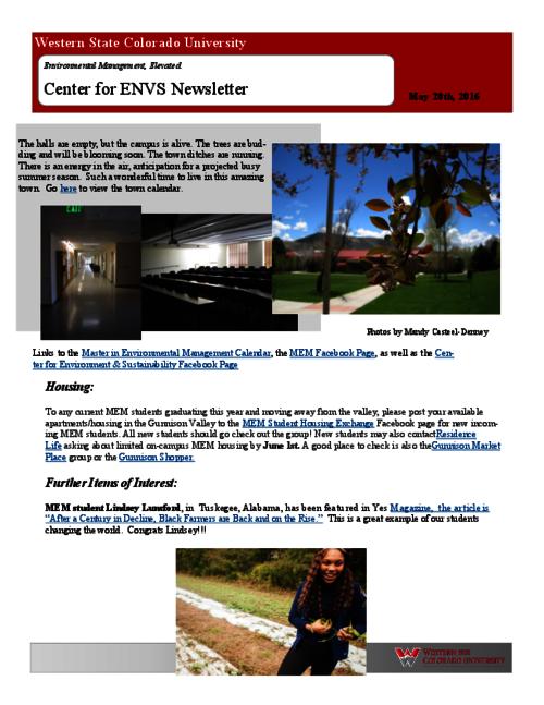 Thumbnail for 'Center for ENVS & MEM Newsletter, May 20, 2016'