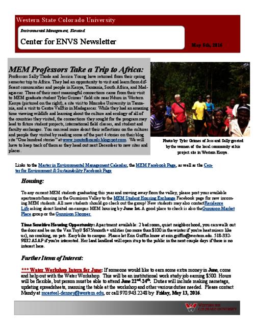 Thumbnail for 'Center for ENVS & MEM Newsletter, May 5, 2016'