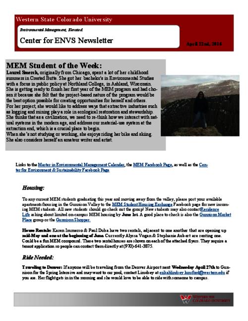 Center for ENVS & MEM Newsletter, April 22, 2016