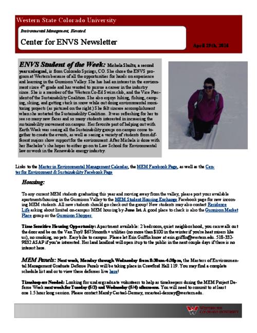 Center for ENVS & MEM Newsletter, April 29, 2016