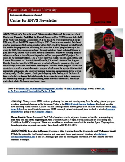 Center for ENVS & MEM Newsletter, April 15, 2016