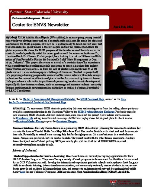 Center for ENVS & MEM Newsletter, April 8, 2016