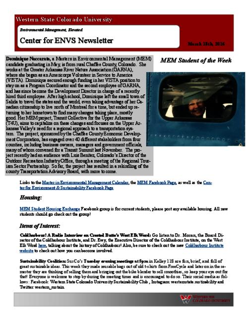 Thumbnail for 'Center for ENVS & MEM Newsletter, March 18, 2016'