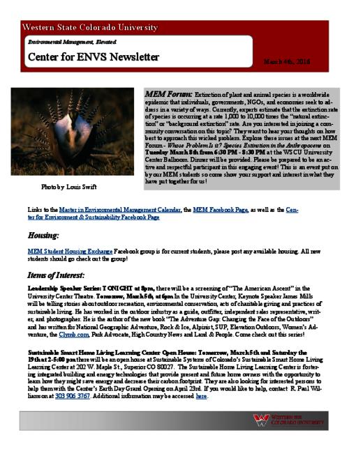Thumbnail for 'Center for ENVS & MEM Newsletter, March 4, 2016'