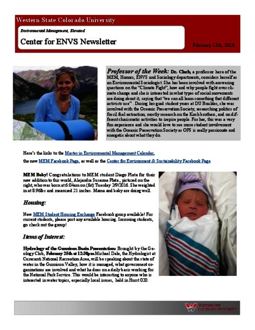 Center for ENVS & MEM Newsletter, February 12 2016