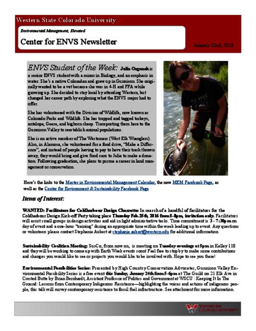 Center for ENVS & MEM Newsletter, January 22, 2016