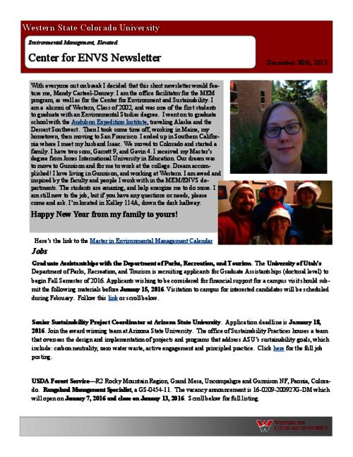 Center for ENVS & MEM Newsletter, December 30, 2015