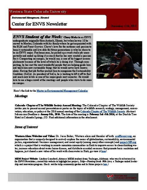 Center for ENVS & MEM Newsletter, December 11, 2015