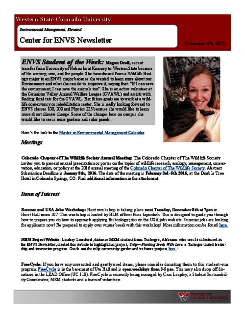 Center for ENVS & MEM Newsletter, December 4, 2015