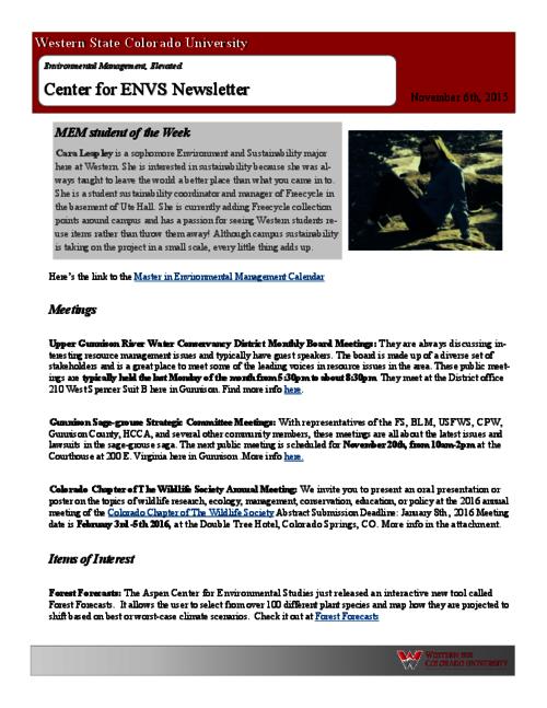 Thumbnail for 'Center for ENVS & MEM Newsletter, November 6, 2015'