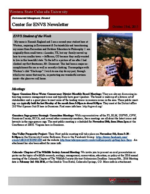 Thumbnail for 'Center for ENVS & MEM Newsletter, October 23, 2015'