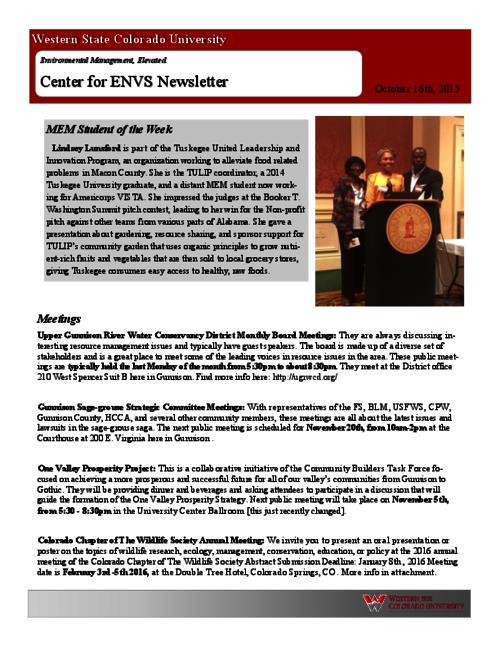 Thumbnail for 'Center for ENVS & MEM Newsletter, October 16, 2015'