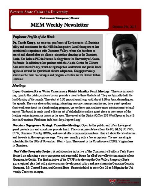 Thumbnail for 'Center for ENVS & MEM Newsletter, October 9, 2015'