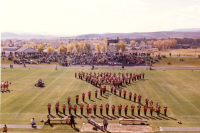 Thumbnail for 'WSC Mountaineer Marching Band in halftime festivities, Mountaineer Bowl, ca. 1968.'
