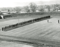 Thumbnail for 'Mountaineer Marching Band in entrance formation, Mountaineer Bowl, ca. 1961.'