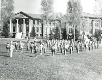 Thumbnail for 'The Mountaineer Band at attention in front of Taylor Hall, ca. 1951.'