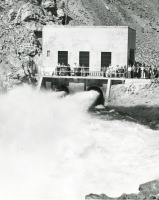 Thumbnail for 'Hiking and Outing Club members at the outlet discharge of a dam, circa early 1950s.'
