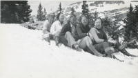 Thumbnail for 'Five members of the Hiking and Outing Club on a toboggan, early 1930s.'