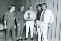 Thumbnail for 'Ski team members with the 1963 Intramural Ski Trophy.'
