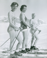 Thumbnail for 'Three Western coeds in bathing suits pose for a photograph at Rozman Hill, circa 1952.'