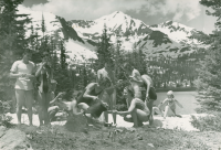 Thumbnail for 'A group of WSC students in their bathing suits pose for a promotional photograph on the snowy banks of Lake Irwin,  1940.'