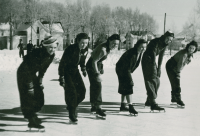 Thumbnail for 'Western coeds get ready for a race on the ice skating rink on campus, circa early 1940s.'