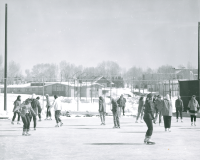 Thumbnail for 'Women's ice skating class on Western's campus ice rink northwest of the newly-constructed Student Union, circa 1956.'