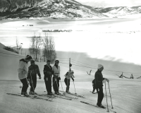 Thumbnail for 'A group of skiers ready for their run down Rozman Hill, ca. early 1950s.'