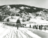 Thumbnail for 'Cross country skiers at the base of the Rozman Hill area, ca. late 1950s.'