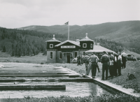 Thumbnail for 'Hiking and Outing Club members visit the state fish hatchery at Pitkin, circa 1950.'