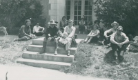 Thumbnail for 'Hiking and Outing Club members wait outside Chipeta (Ute) Hall, circa 1950.'