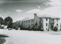 Thumbnail for 'View of Ute Hall (then Chipeta Hall) from the northwest, ca. 1947.  One of the Industrial Arts barracks is visible to the east.'