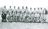 Thumbnail for 'The 1950 WSC baseball team pose for their team photo.  Ralph Porter, WSC's Director of Business and Finance, far right, is the...'