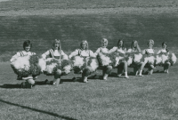 Thumbnail for 'WSC Pom-pon girls in Mountaineer stadium, 1971.'