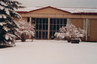 Thumbnail for 'Winter view of the main entrance to Leslie J. Savage Library ca. 2000.'