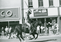 Thumbnail for 'Mountaineer mascot on horseback, Homecoming parade, late 1980s.'