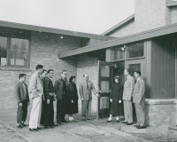 Thumbnail for 'WSC President Peter Mickelson officially opens the new Student Union, 1955. Dean O.C. Kjosness and Alumni director Paul Zahradka...'