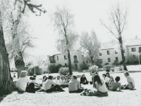 Thumbnail for 'A class meets outside Taylor Hall on a warm autumn day, circa 1975.'