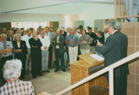 Thumbnail for 'WSC President Harry Peterson speaks to attendees of the Wright Gymnasium expansion dedication, 1997.'