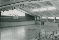 Thumbnail for 'The Mountaineer Gymnasium basketball court gets its finishing touches, ca. 1951.'