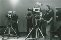 Thumbnail for 'A WSC student director and two cameramen are busy taping a WSC-TV television show, ca. early 1980s.'