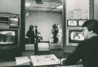 Thumbnail for 'WSC-TV's production lab overlooking the TV studio, ca. 1980s.'