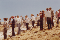 Thumbnail for 'WSC students work on a whitewash bucket brigade along one leg of the 