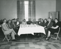 Thumbnail for 'The 1954 WSC Alumni Board of Directors finish a meeting in the newly-constructed Keating Hall.'