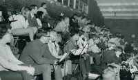 Thumbnail for 'The WSC Pep Band watches the basketball action in Mountaineer Gymnasium, ca. 1967.'