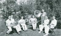Thumbnail for 'Instructor G. E. Holmes poses with his Brass Sextet at the 1937 WSC Music Camp.'