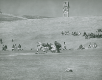 Thumbnail for 'The WSC baseball team is in action north of campus ca. 1960; their opponent is apparently the School of Mines.  Note the lack of...'